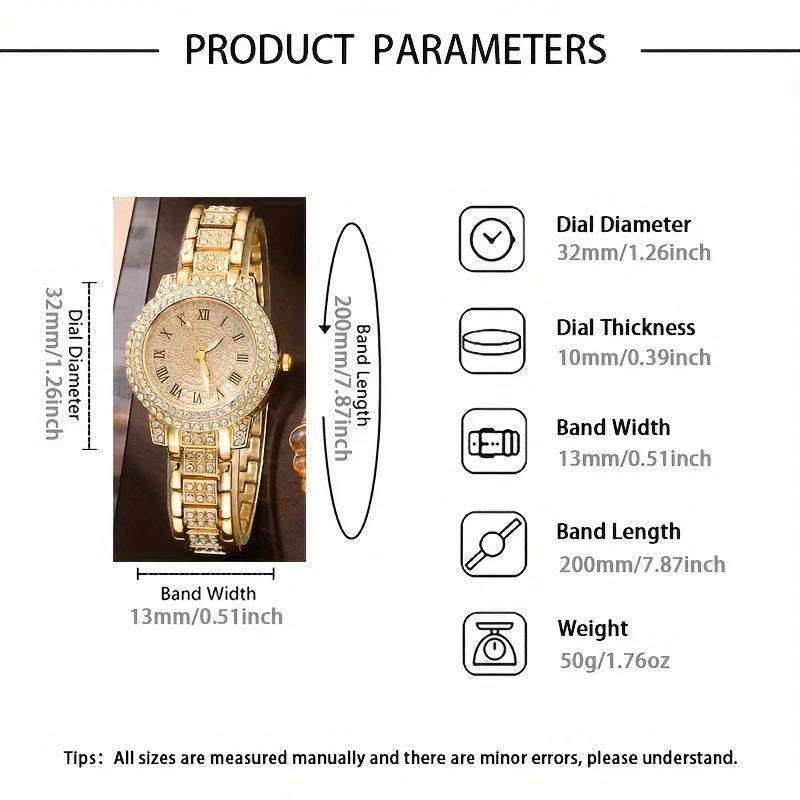 6Pcs/Set Women'S Watch Luxury Rhinestone Quartz Watch Hiphop Fashion Analog Wrist Watch & Jewelry Set, Gift for Mom Her