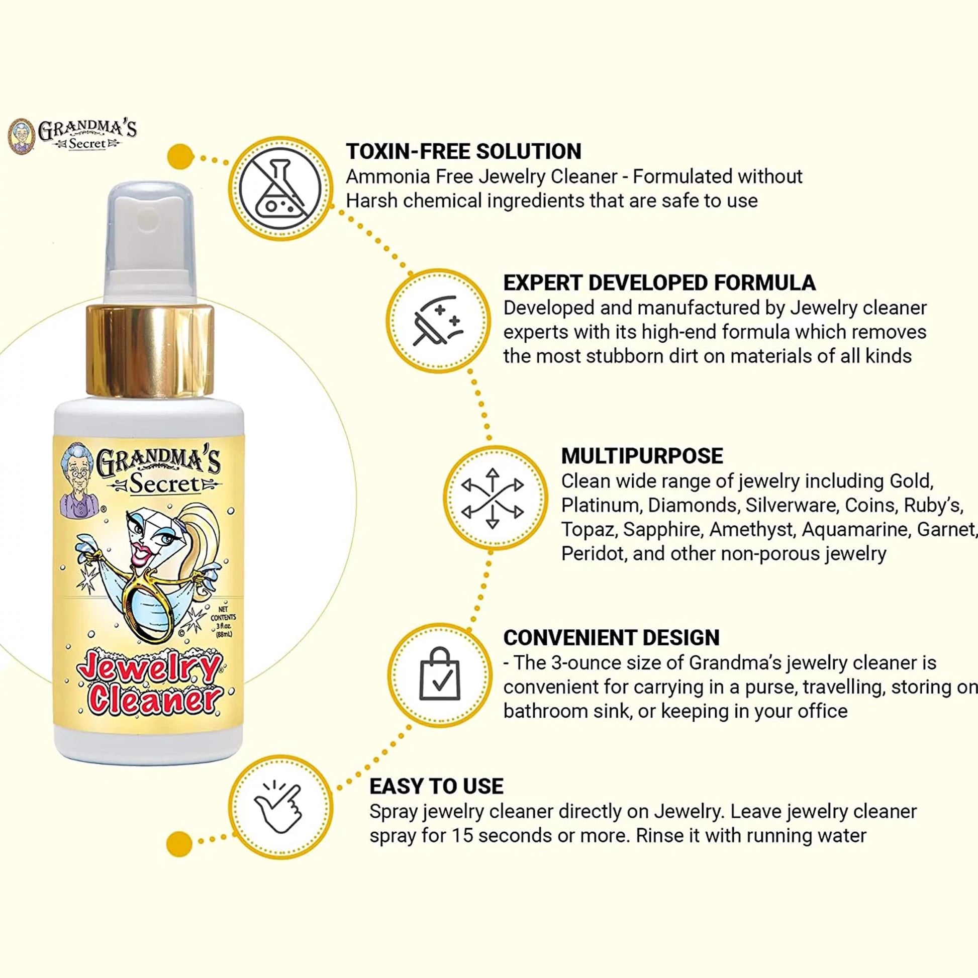 Grandma’S Secret Jewelry Cleaner Spray Gold Silver Cleaning Solution Tarnish Remover 3Oz