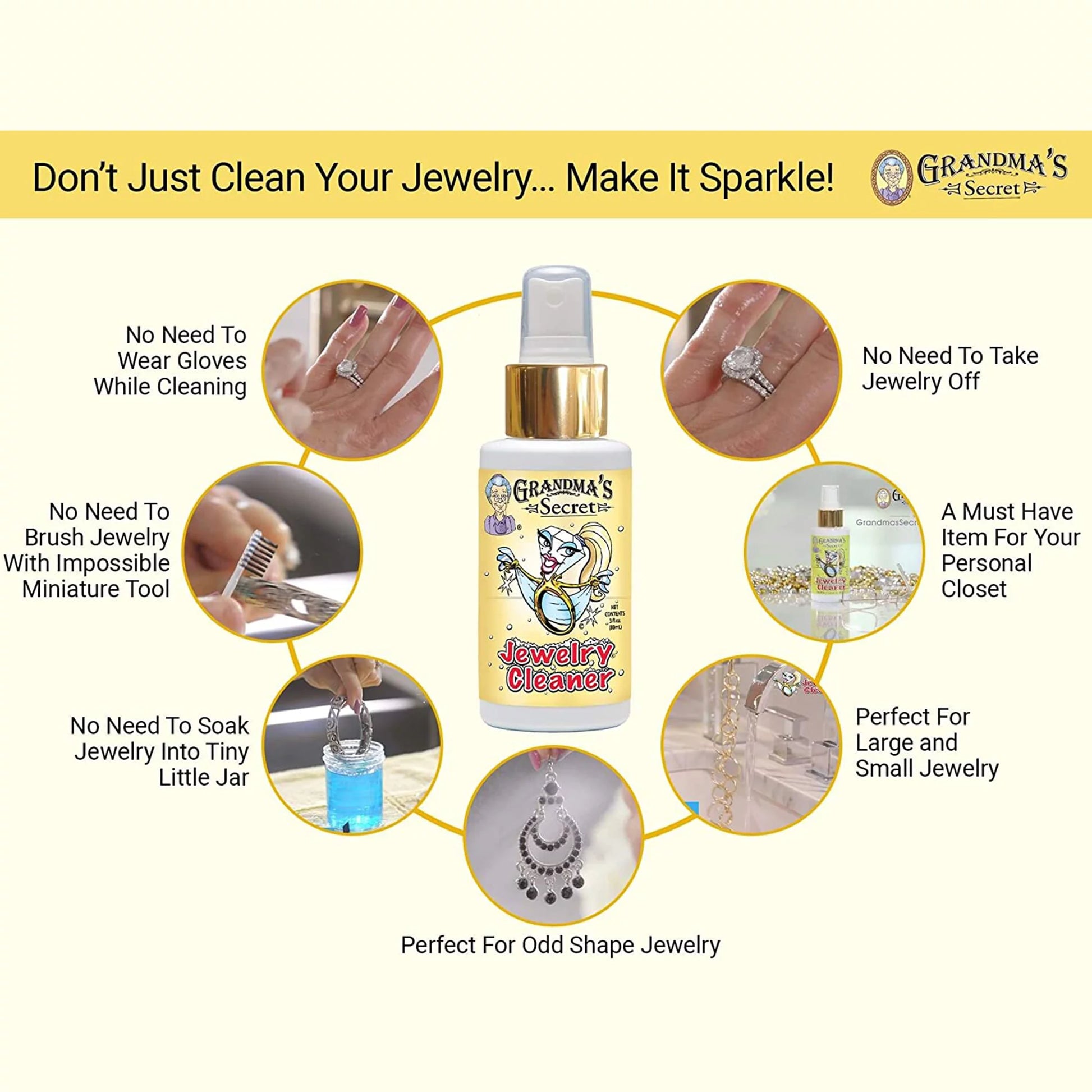 Grandma’S Secret Jewelry Cleaner Spray Gold Silver Cleaning Solution Tarnish Remover 3Oz