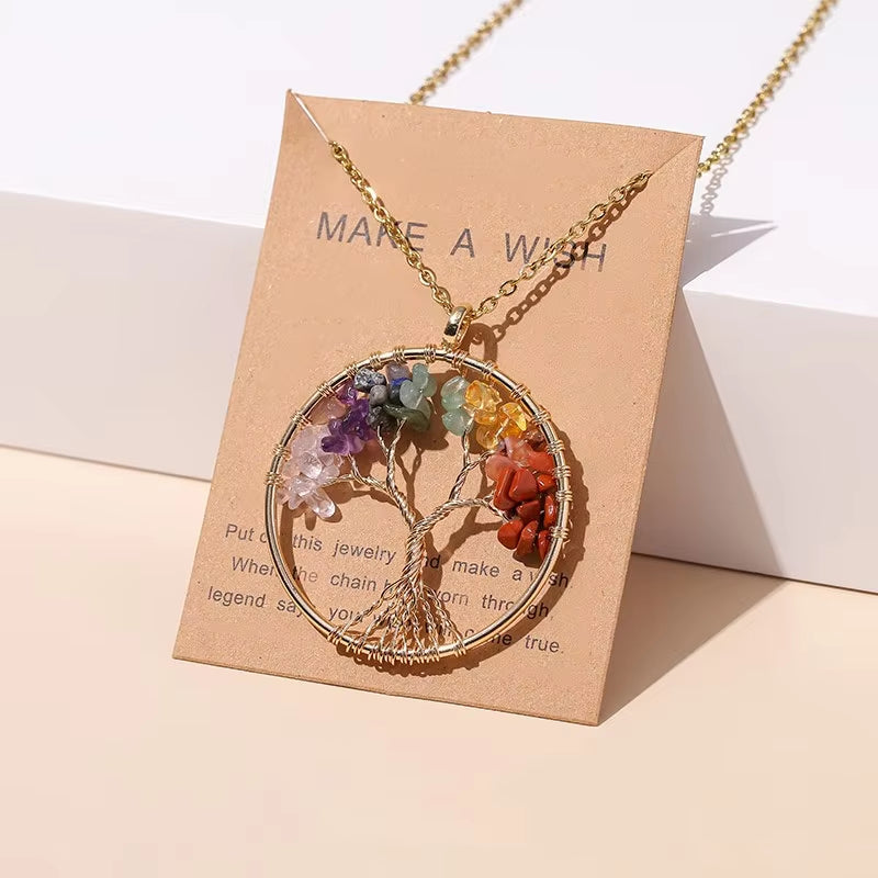 7 Chakras Tree of Life Pendant Necklace Gold Color Wisdom Natural Crystal Chip Beads Reiki Healing Jewelry Gift