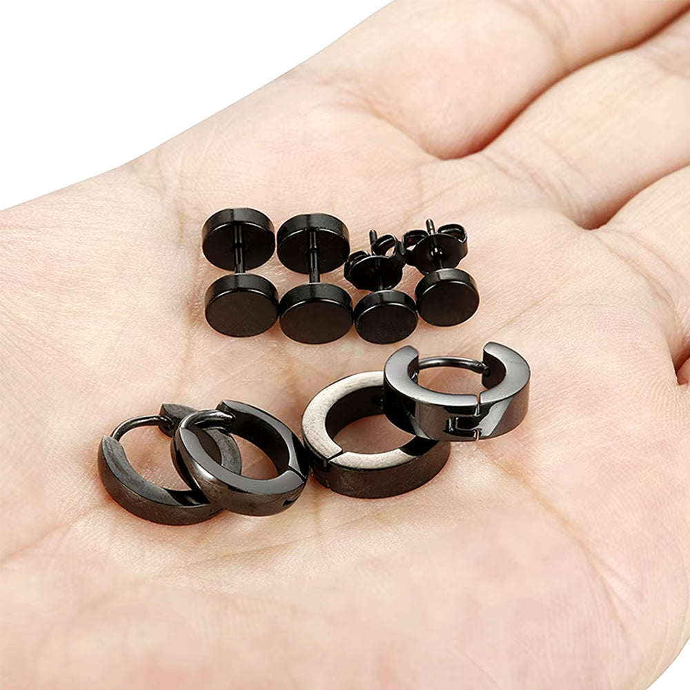 2 Pieces Punk Hoops Earrings for Men Black Stainless Steel Basic Geometric Ear Jewelry Gothic Hiphop Male Cool Earring