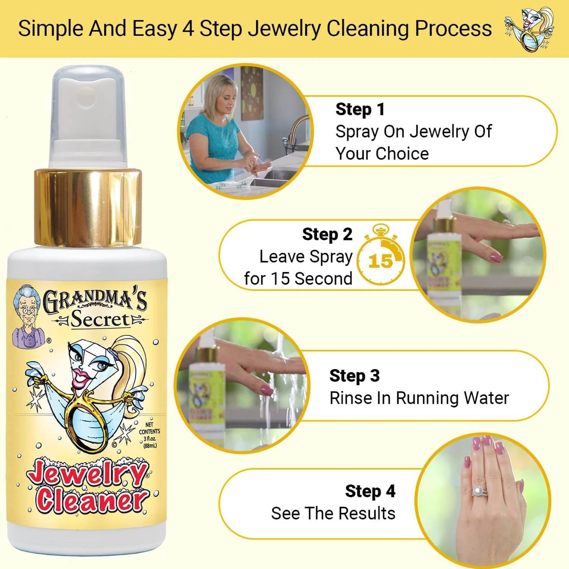 Grandma’S Secret Jewelry Cleaner Spray Gold Silver Cleaning Solution Tarnish Remover 3Oz