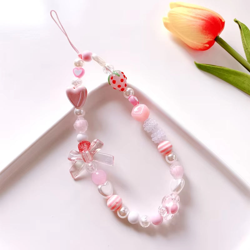 Simple Pink Bear Heart Strawberry Bowknot Flower Acrylic Imitation Pearl Beaded Phone Chain for Women Girls Sweet Accessories