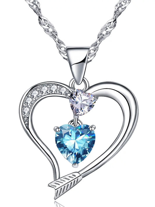 18K White Gold Plated Love Arrow Birthstone Pendant Necklace Women Jewelry