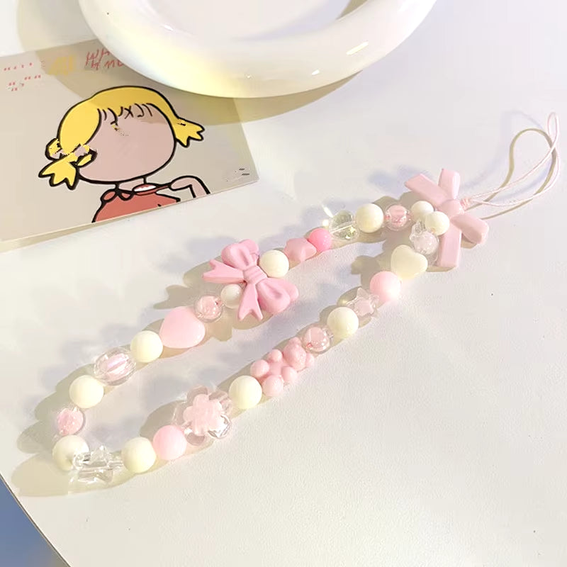 Simple Pink Bear Heart Strawberry Bowknot Flower Acrylic Imitation Pearl Beaded Phone Chain for Women Girls Sweet Accessories