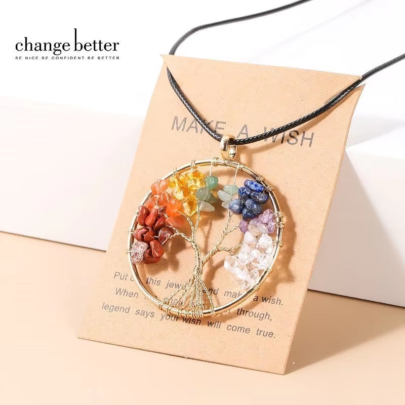 7 Chakras Tree of Life Pendant Necklace Gold Color Wisdom Natural Crystal Chip Beads Reiki Healing Jewelry Gift