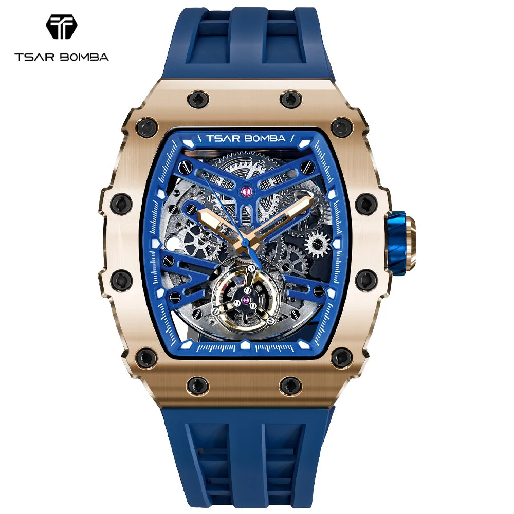 Automatic Watch for Men Waterproof Mechanical Watch Tonneau Stainless Steel Wristwatch Silicone Strap Luxury Gift