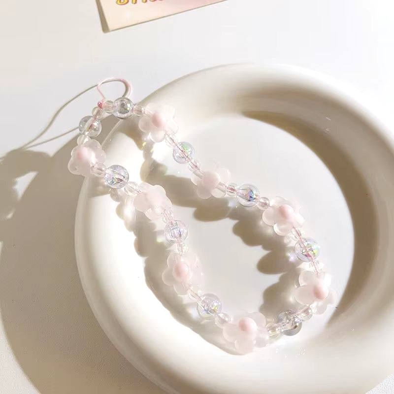 Simple Pink Bear Heart Strawberry Bowknot Flower Acrylic Imitation Pearl Beaded Phone Chain for Women Girls Sweet Accessories