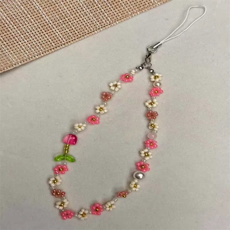 Simple Pink Bear Heart Strawberry Bowknot Flower Acrylic Imitation Pearl Beaded Phone Chain for Women Girls Sweet Accessories