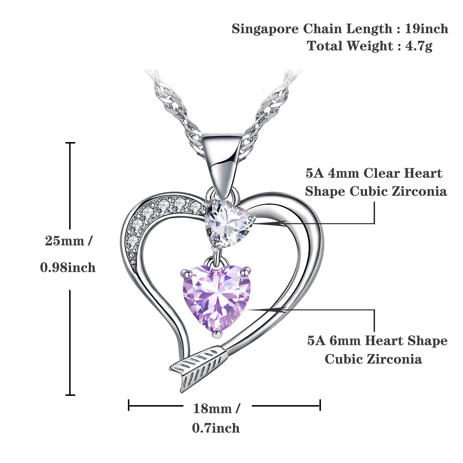 18K White Gold Plated Love Arrow Birthstone Pendant Necklace Women Jewelry